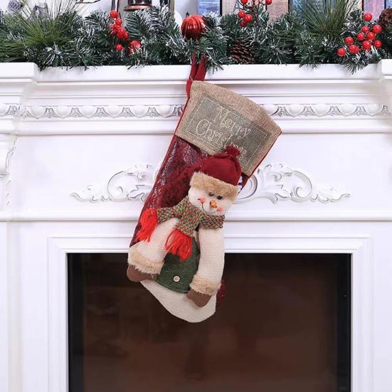 18" Christmas Stocking 3D Plush Santa Snowman Reindeer Design Hanging Burlap Stocking for Farmhouse Holiday Decor