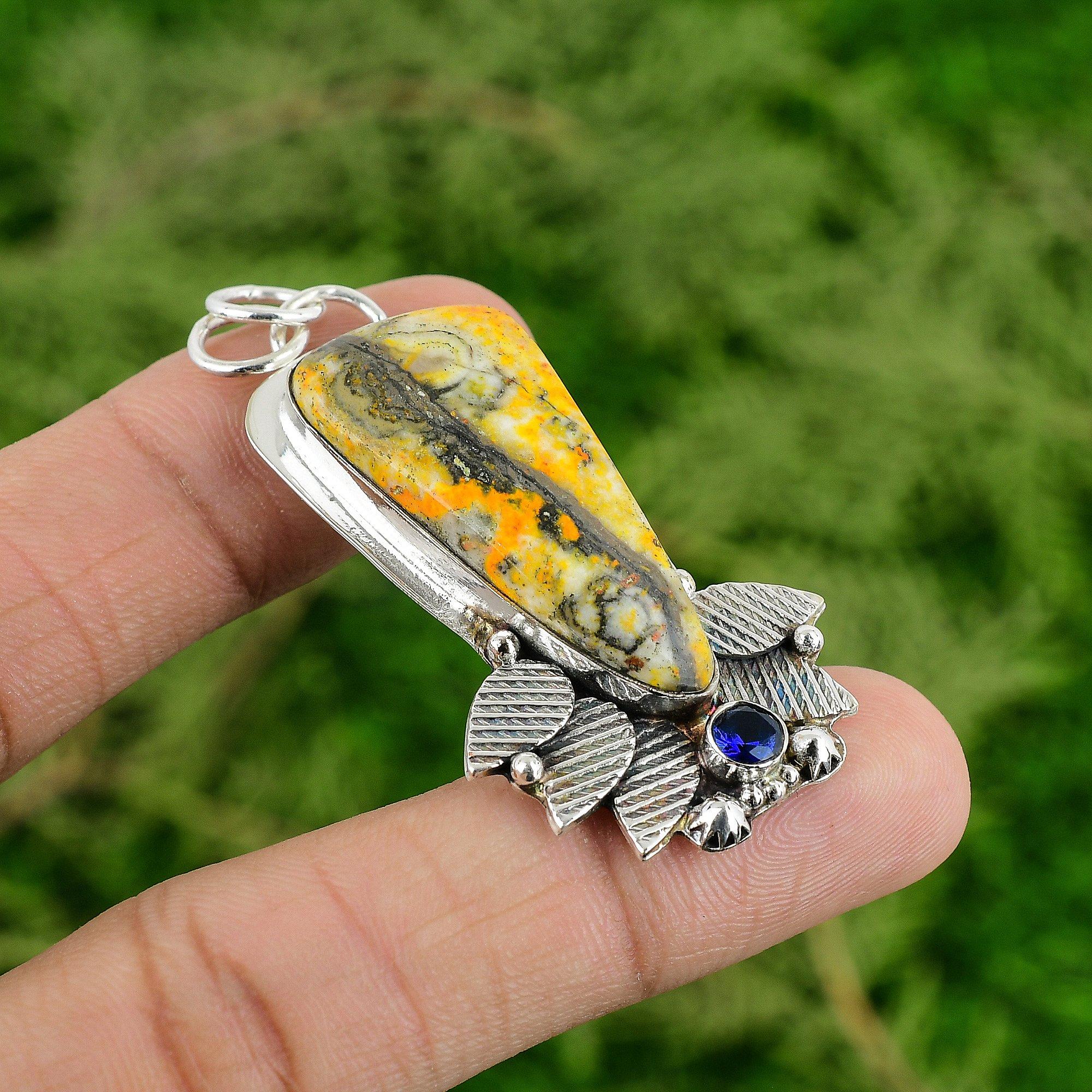 

Daughters Day Sale 925 Silver Natural Bumble Bee Jasper Tanzanite Quartz Pendant