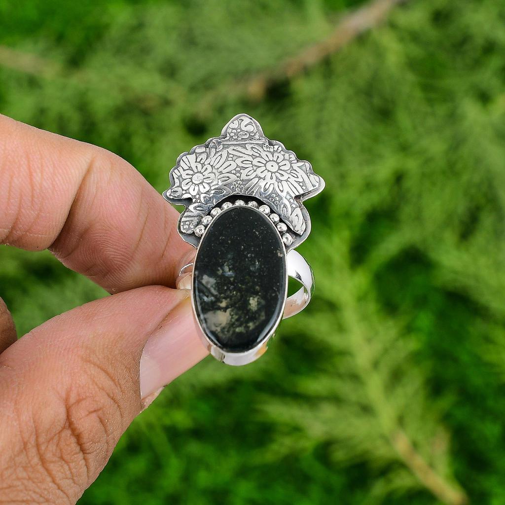 925 Silver Oval Solar Moss Agate Gemstone Art Deco Wedding Anniversary Wife Ring