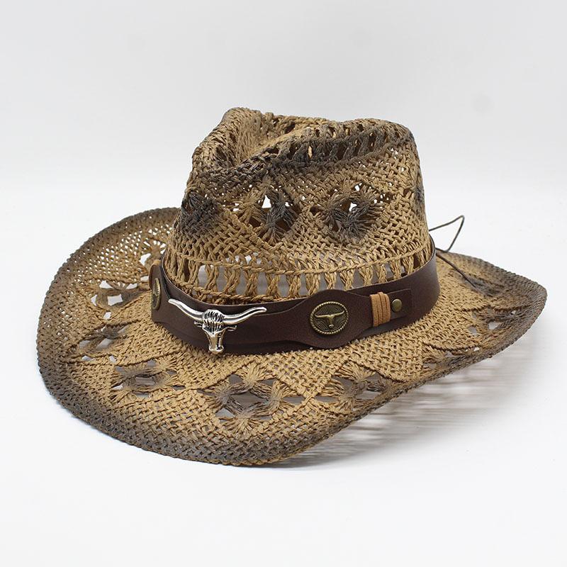 Cowboy Hat Men'S And Women'S Outdoor Shading Breathable Hollow Straw Hat Summer Vacation Beach Hat