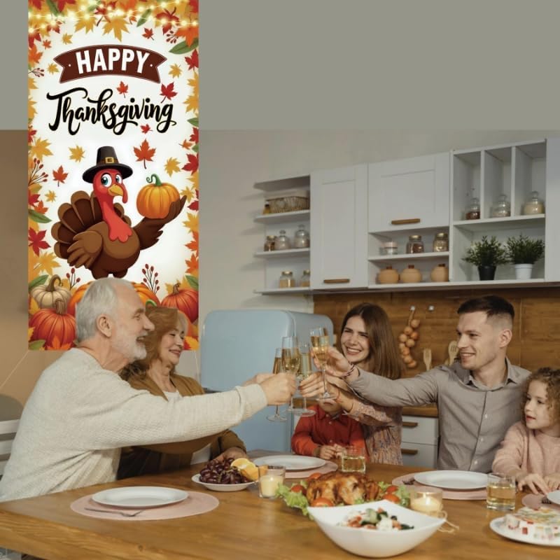 Happy Thanksgiving Door Cover 72.8" X 35.4", Fall Harvest Turkey Pumpkin Door Banner with String Lights Design, Autumn Leaves Outdoor Porch