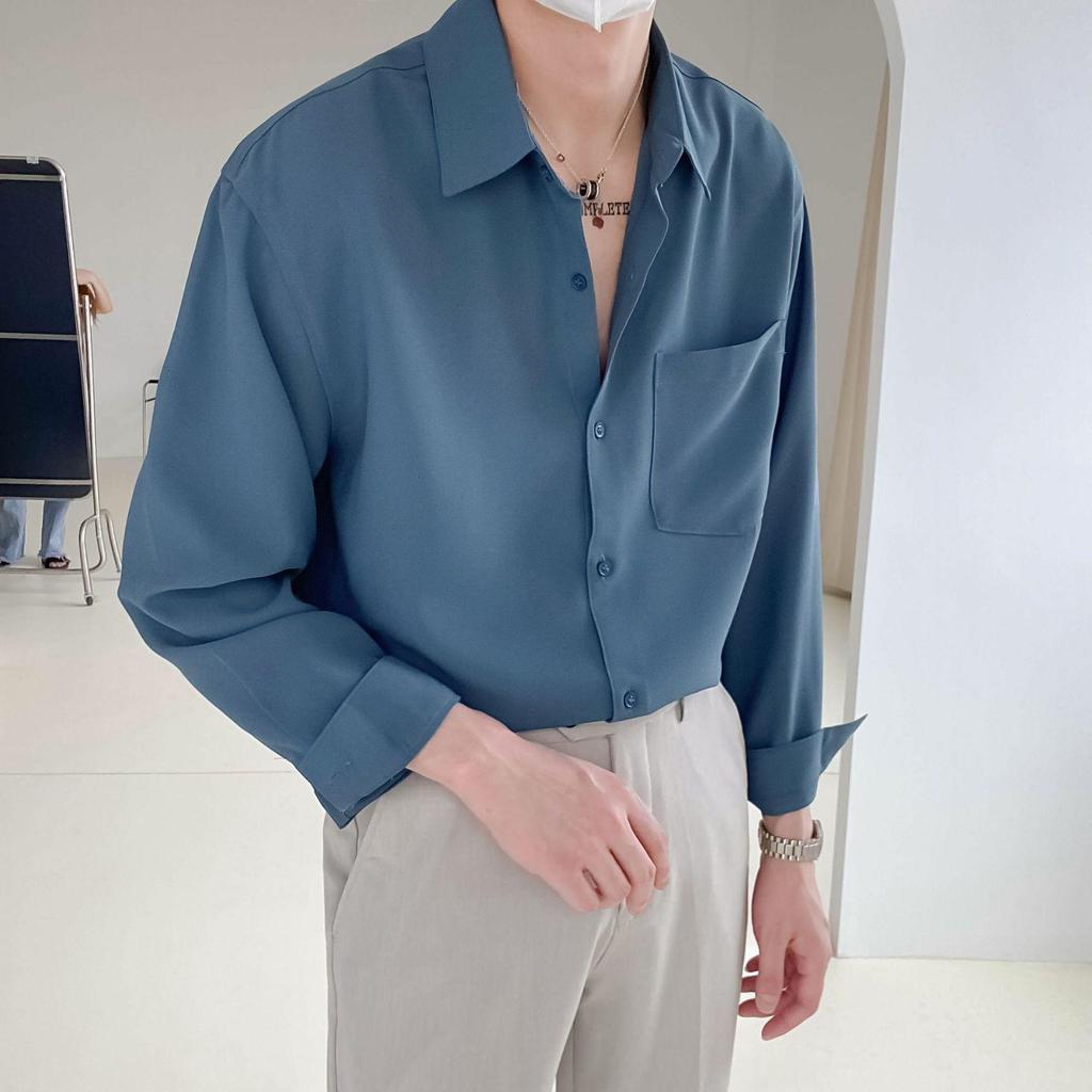 Men's Korean Style Wrinkle-Free Long Sleeve Shirt - Spring & Autumn Draping, Versatile Solid Color