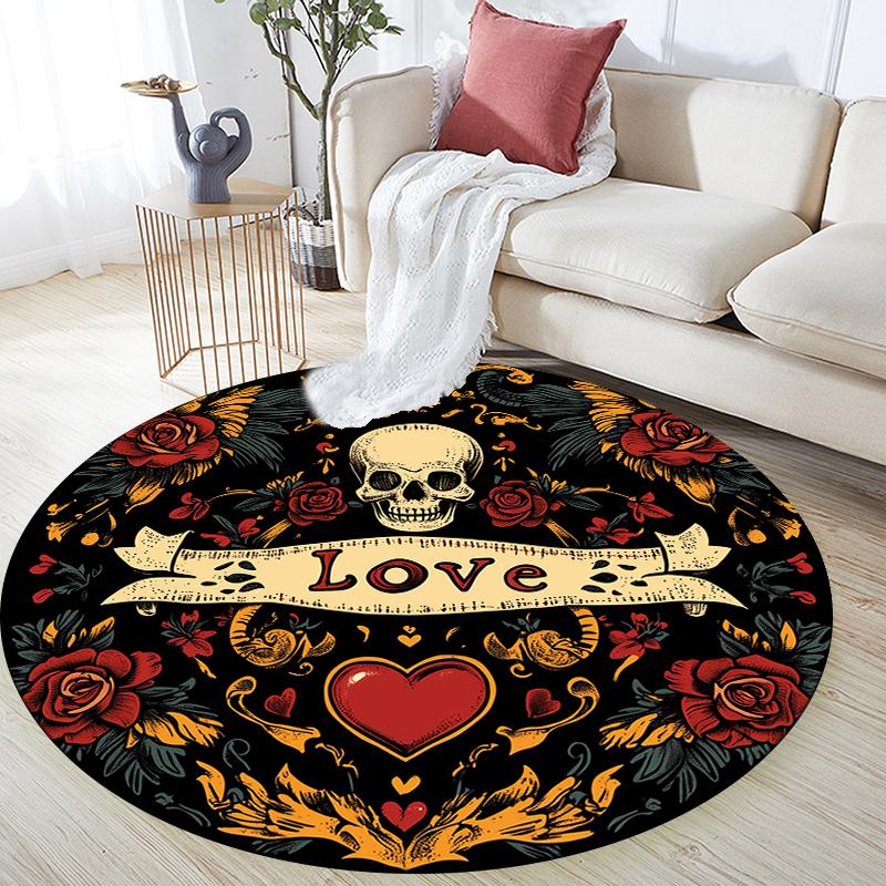Skull and Rose pattern round rug,Carpet Rug for Living Room Bedroom Sofa Playroom Decor,Non-slip Floor Mat,Holiday Gifts and Birthday Gifts