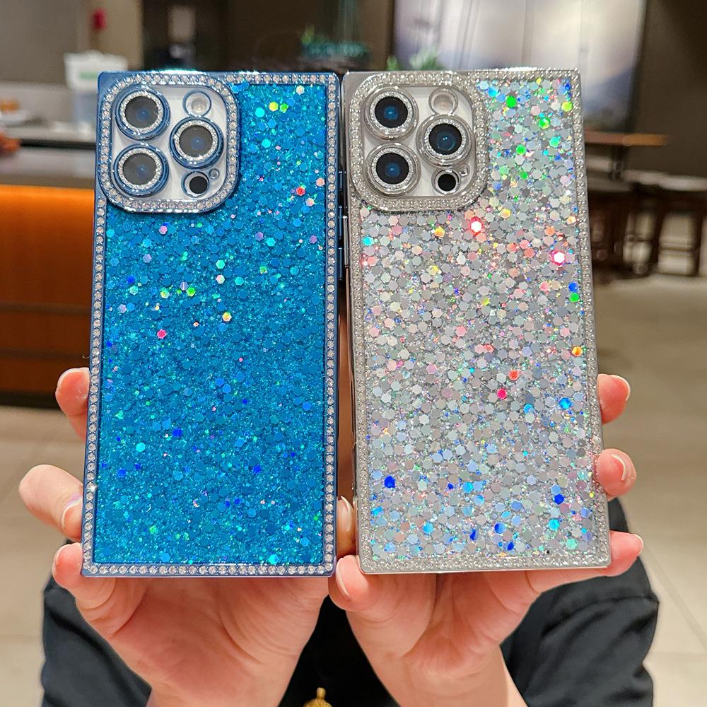 Epoxy mobile phone case with side drill glitter is suitable for Apple 17promax square iPhone16 new 15.