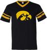 Iowa Hawkeyes Primary Logo, Team Color V Neck Sleeve Stripe T Shirt - Black