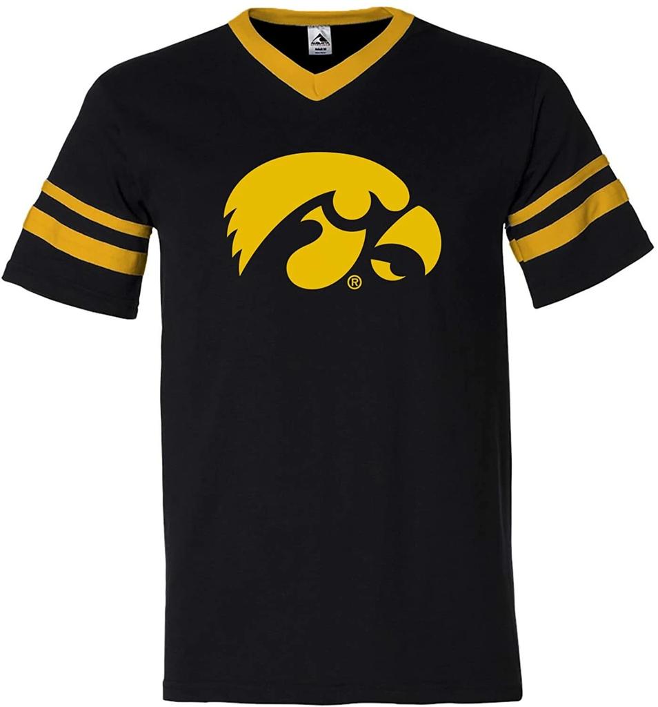 Iowa Hawkeyes Primary Logo, Team Color V Neck Sleeve Stripe T Shirt - Black