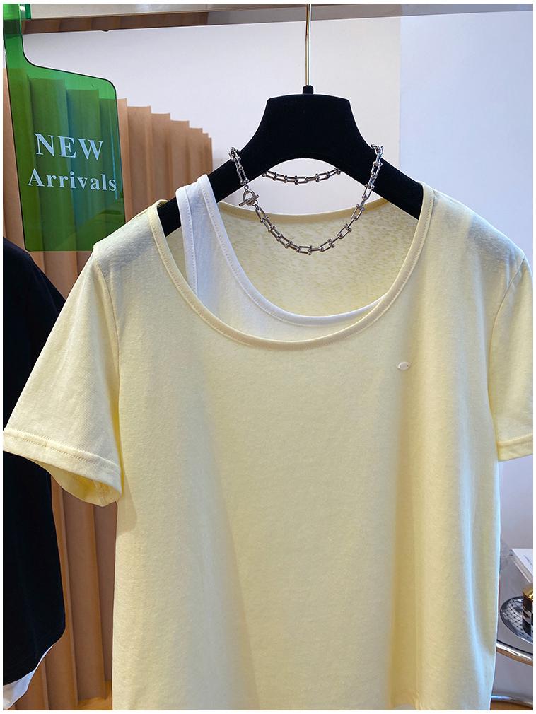 Plus Size Korean Snowflake Cotton Two-Piece Look T-Shirt, Women's Short Sleeve, Loose Casual Top (2026)