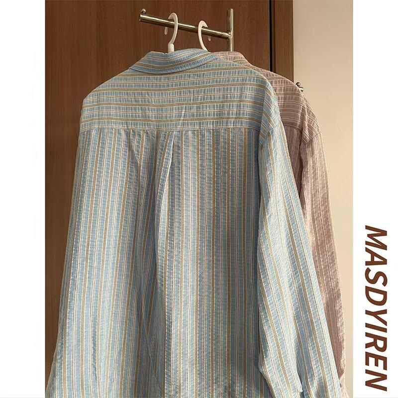 Japanese Style Vintage Striped Shirt Men's Long-Sleeved Spring and Autumn Loose Casual Shirt Trendy Pu Handsome Patch Jacket