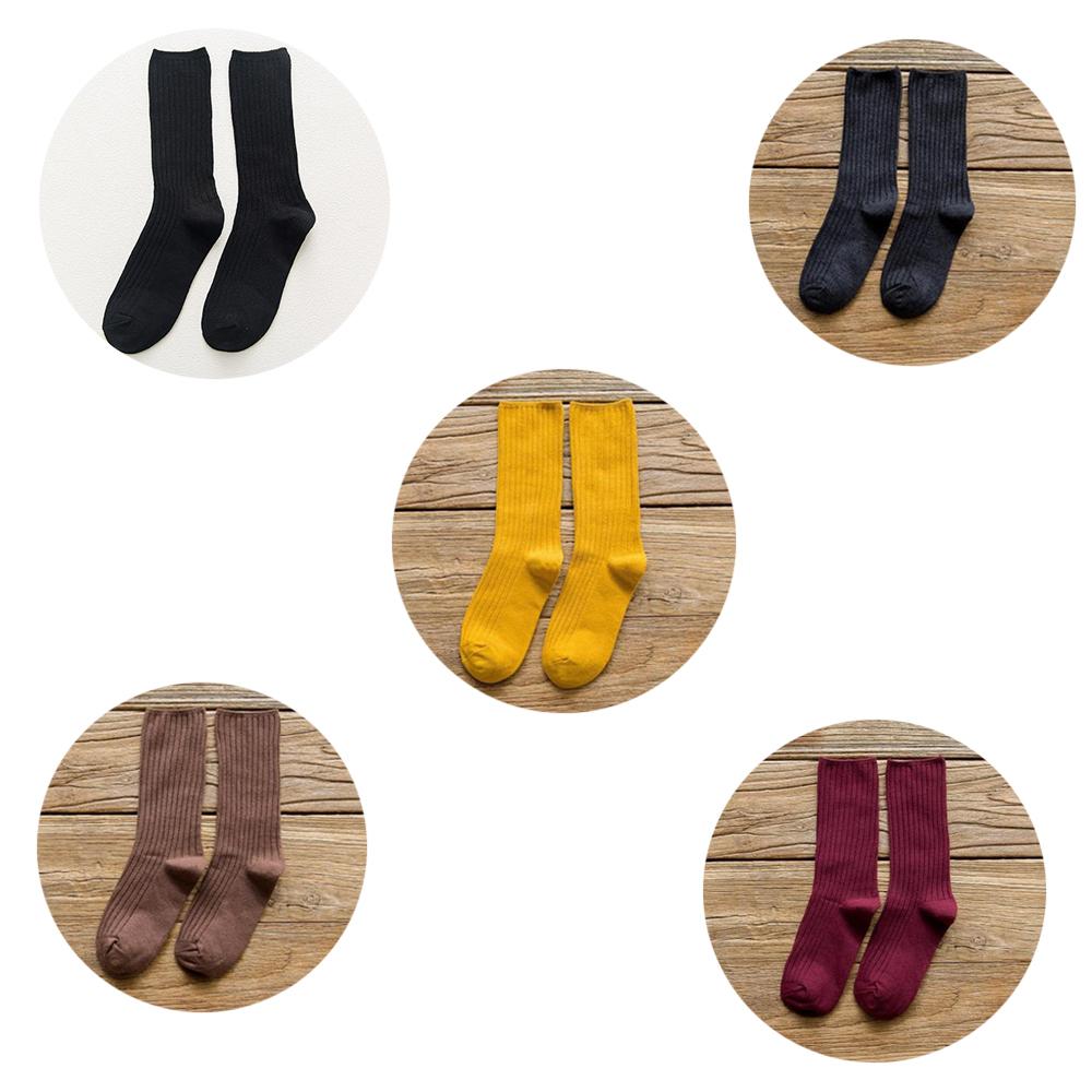 5 Pairs Solid Ribbed Crew Socks Women Mixed Color 4 Seasons Fit Loose Socks Set Daily Basic Sox