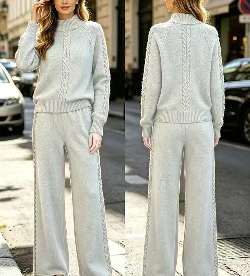 High-necked twist sweater set Women's loose sweater High-waisted wide-leg pants Two-piece set Lazy wind casual set