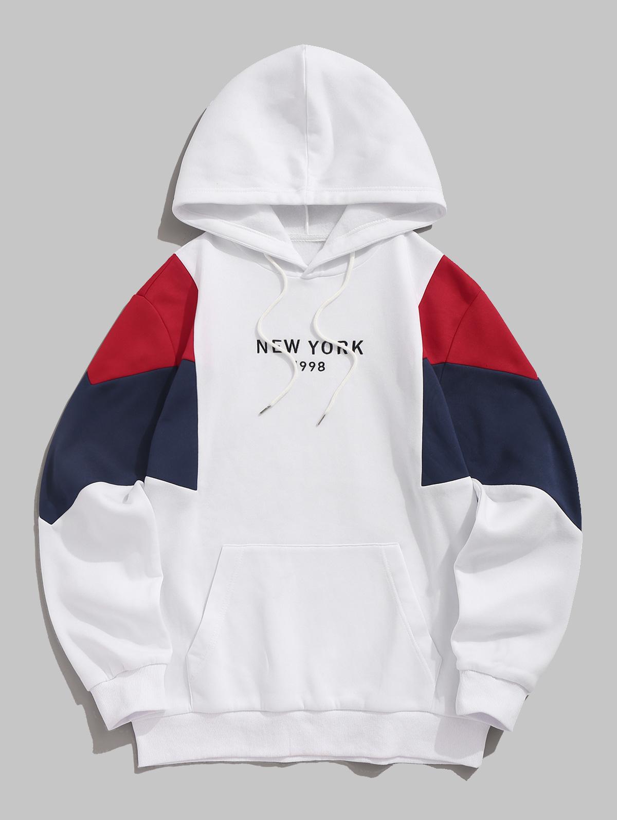 

ZAFUL Мужская повседневная толстовка с капюшоном New York с вышитыми цветными блоками и флисовой подкладкой, карманом-кенгуру S