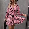 Tume Floral Print Lantern Sleeve Ruffled Long Sleeve V-Neck Dress Ladies Temperament Skinny Small