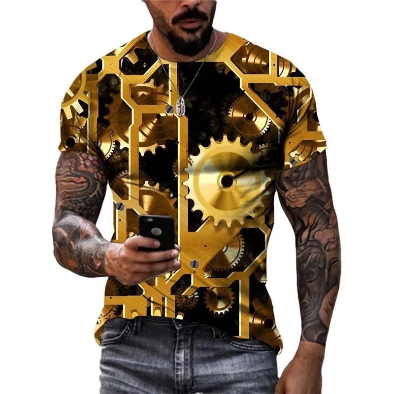 Summer Round Neck 3D Steampunk Gear Print Top Fashionable Casual Short Sleeved Men's T-shirts