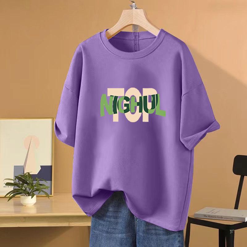 2025 Summer Women's Plus Size Slimming Cotton Round Neck Tee - European Style