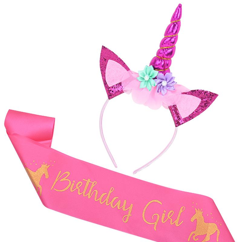 Unicorn Horn Headband Birthday Girl Sash Satin for Girl 1st Birthday Party Decoration Unicorn Theme Party Hair Band Baby Shower