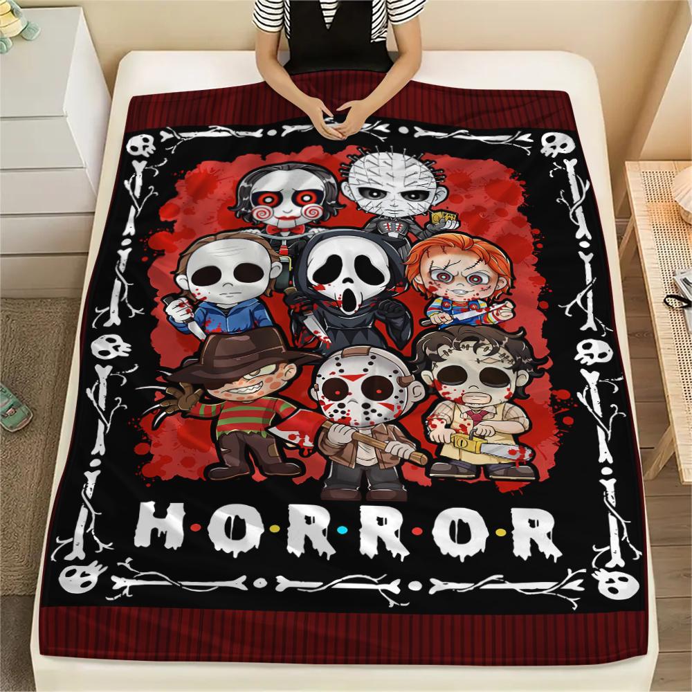 1PC Chibi Chucky Freddy Krueger Print Flannel Blanket, High quality All Seasons, Home Decor, Warmth and Comfort, Perfect for Christmas Gifts