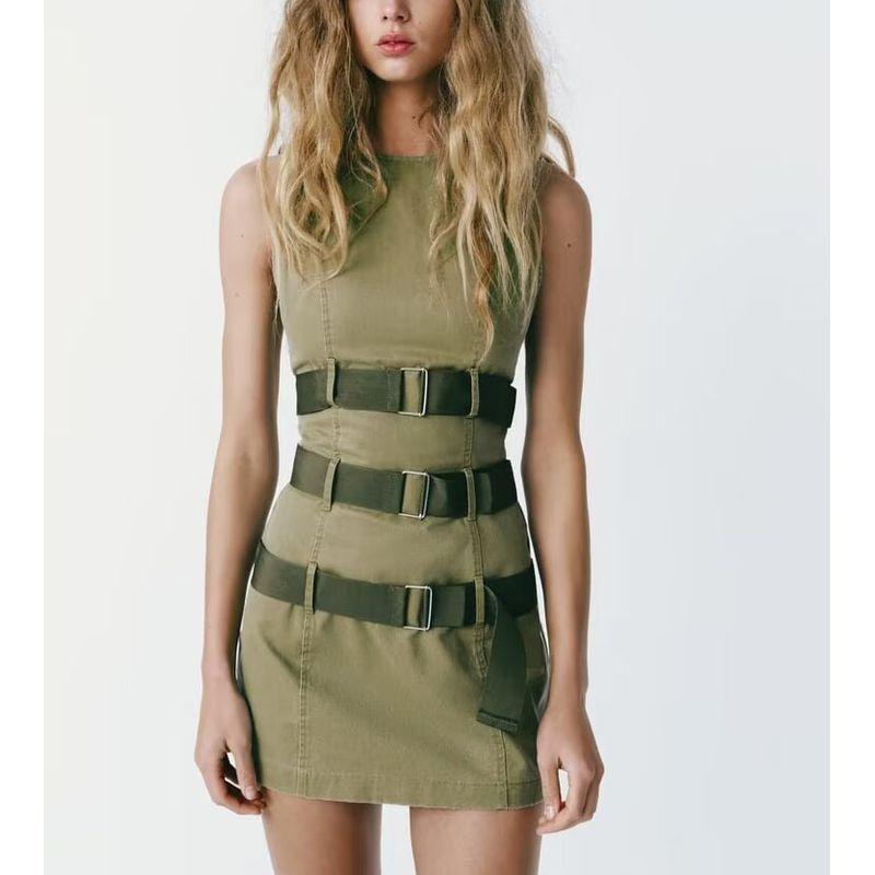 Spring New Retro Sleeveless Short Tight Dress Cargo Army Green Vest Skirt 5427301