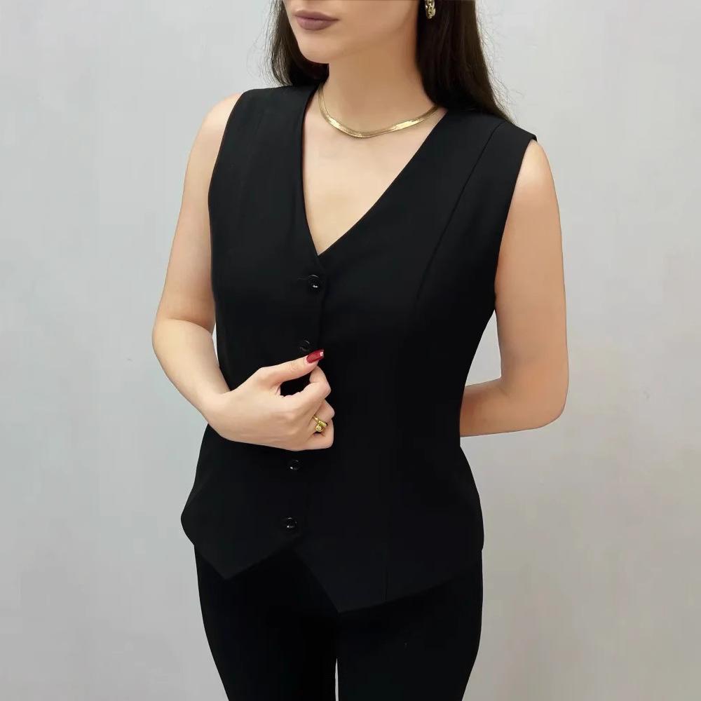 Women White V Neck Button Down Sleeveless Fitted Waistcoat Vest