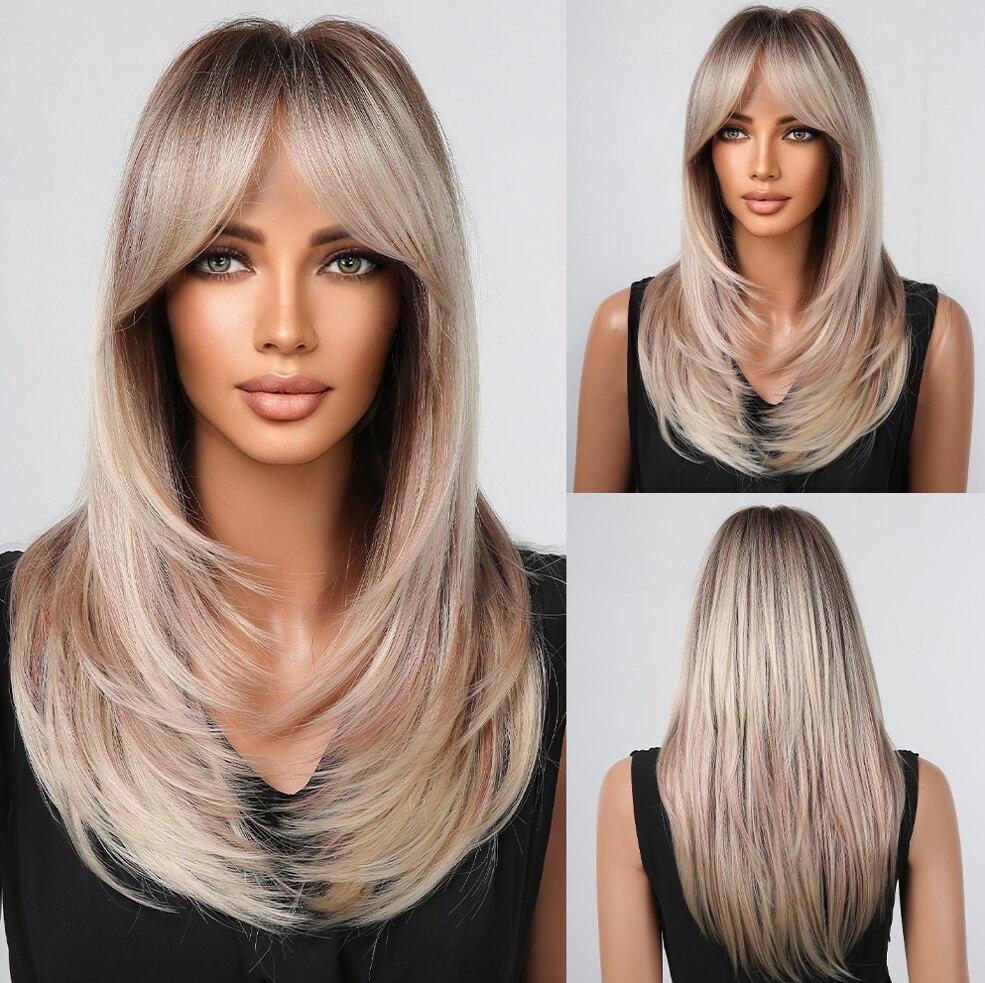 Blonde Brown Ombre Synthetic Wigs Long Layered Highlight Natural Hair Wig with Bangs for Black Women Cosplay Wig Heat Resistant