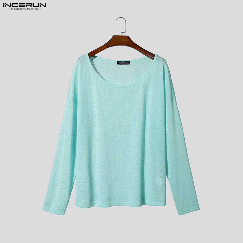 INCERUN Herren U-Boot-Ausschnitt Langarm Leicht Casual Oversized Halbtransparent Oberteile T-Shirts