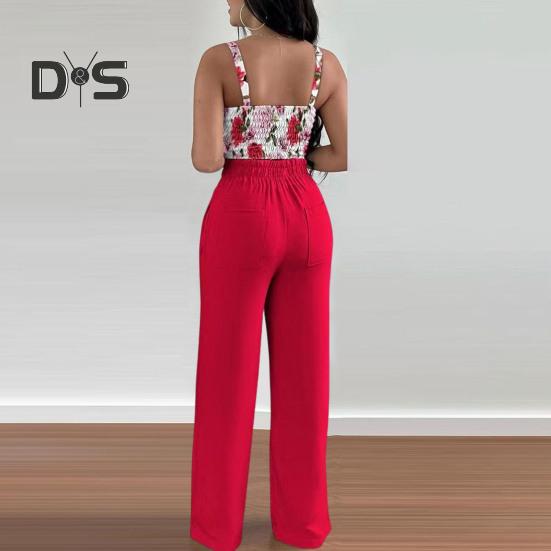 Summer Two Piece Outfits for Women Sleeveless V-neck Halter Tank Top Wide Leg Pants Set Summer Casual Floral Print Matching Suit