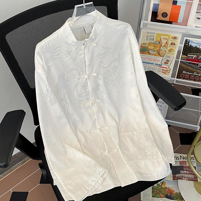 Retro Jacquard Shirt Men Chinese Style Top Satin Kungfu Blouse Long Sleeve Tradition Button Down Male Tai Chi Costume