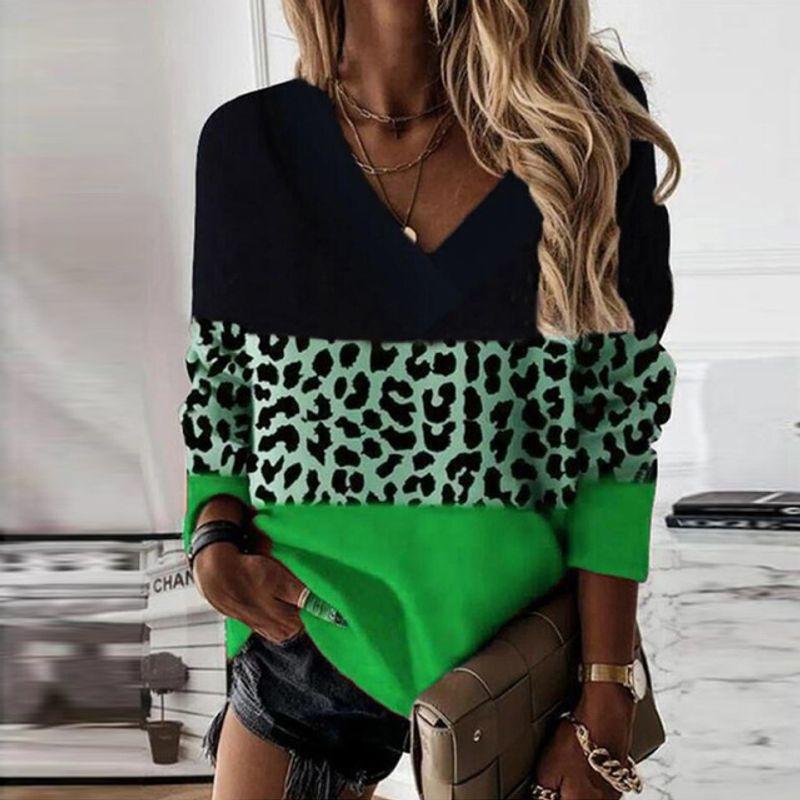 

V-neck Leopard Pattern Patchwork Long-Sleeve Top I Long Sleeves Tops 04 Green XXL