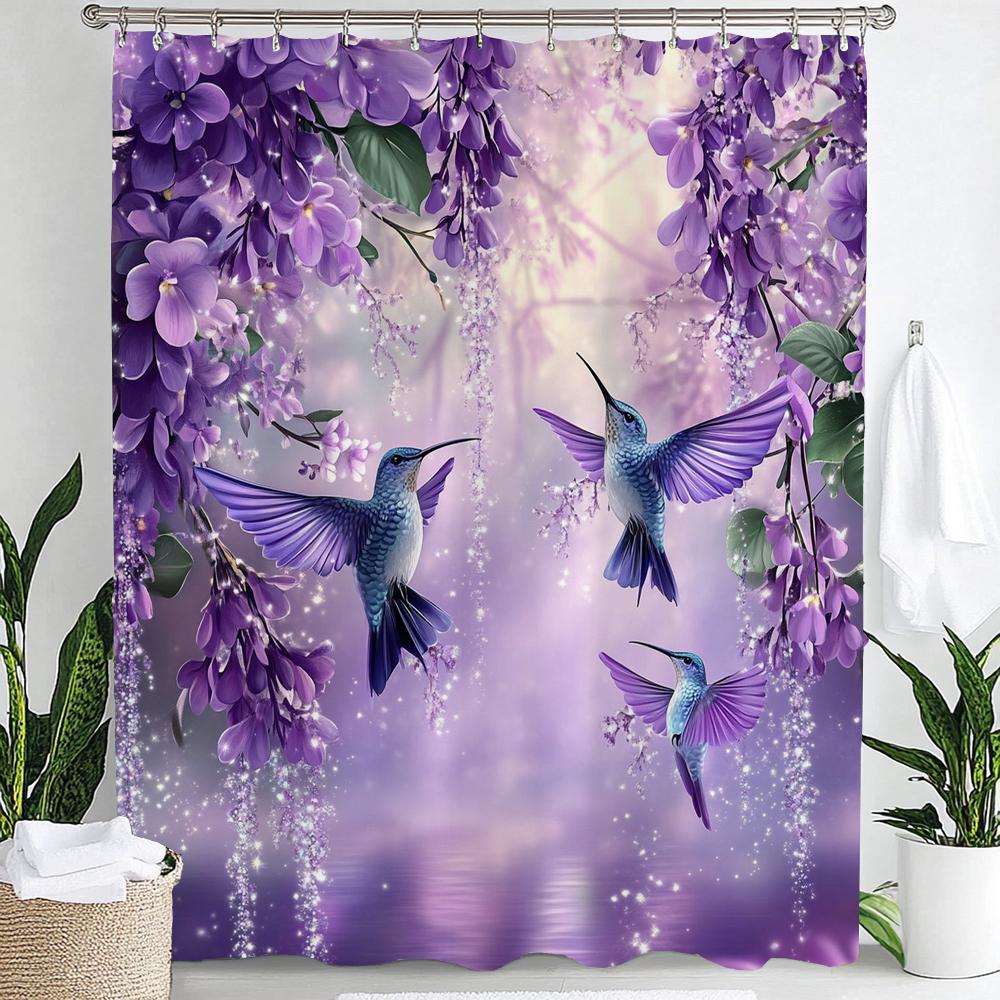 1pc Flowers Hummingbird Shower Curtain: Embrace the Artistic Design, Floral Bathroom Decorative Curtain, Home Curtain with Hooks