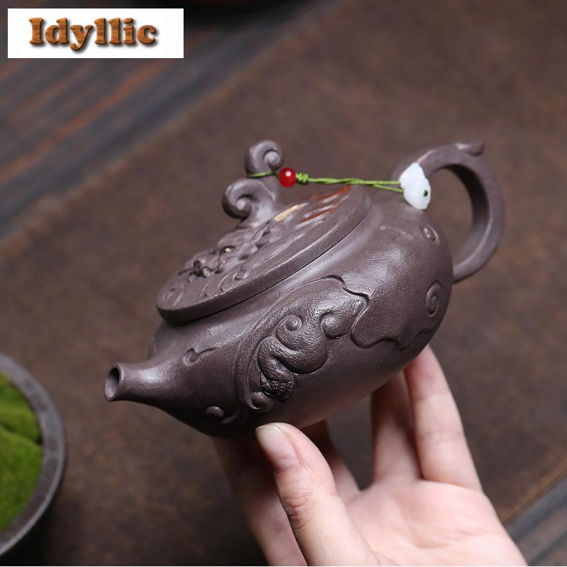 300ml Elegant Yixing Purple Clay Teapots Handmade Auspicious Beast Weekly Count Pot Raw Ore Azure Mud Kettle Zisha Tea Set Craft