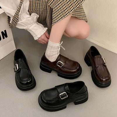 Schwarze Mary Jane Schuhe mit dicker Sohle aus kleinem Leder für Damen, britische kleine Leute und neue Frühlings-Einzelschuhe.