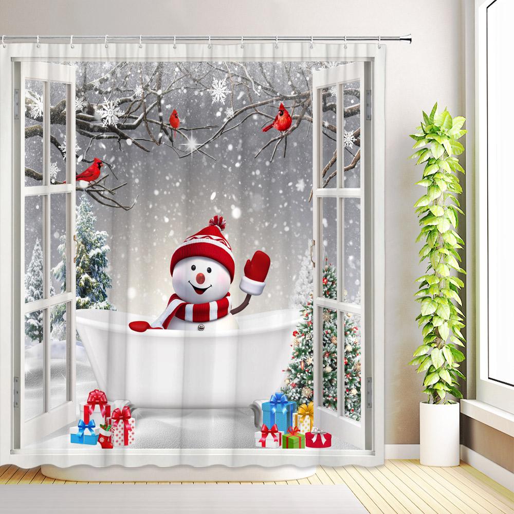 Christmas Shower Curtains Santa Claus Farmhouse Cabin Snowman Snowflakes Winter Gifts Xmas Holiday Bathroom Decor with Hooks