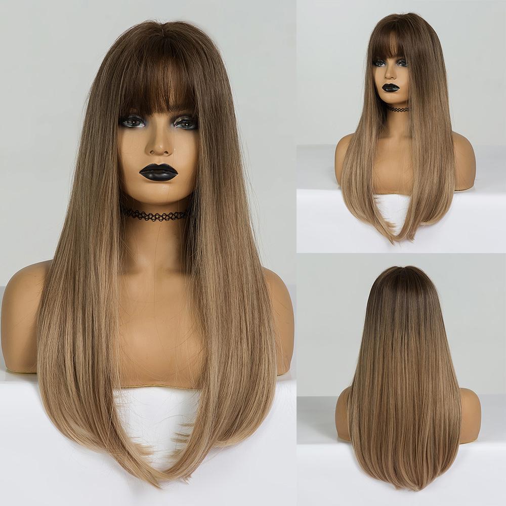 LOUIS FERRE Synthetic Long White Wigs with Bangs Cosplay Straight Wigs with Brown Highlight Natural Fake Hair for Black Women