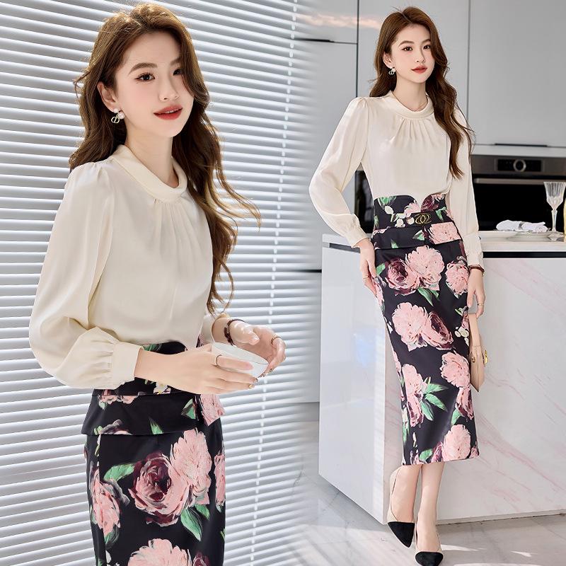 2025 Spring Fashion Slim Fit Long-Sleeve Shirt & Midi Skirt Set