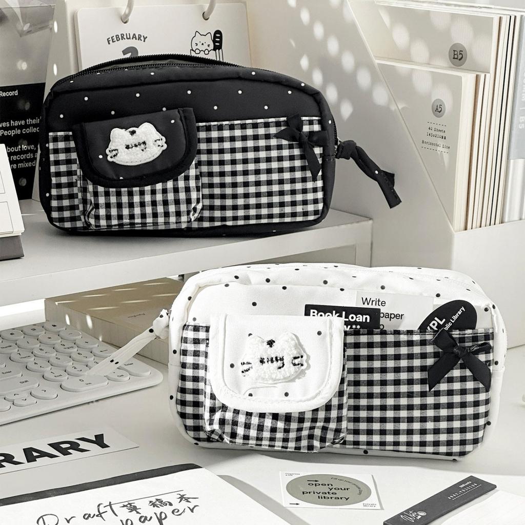 Kawaii Schleife Stern Gitter Federmäppchen Aufbewahrungstasche Tragbar Multifunktional Stifteetui Schreibwaren Organizer Schreibwaren