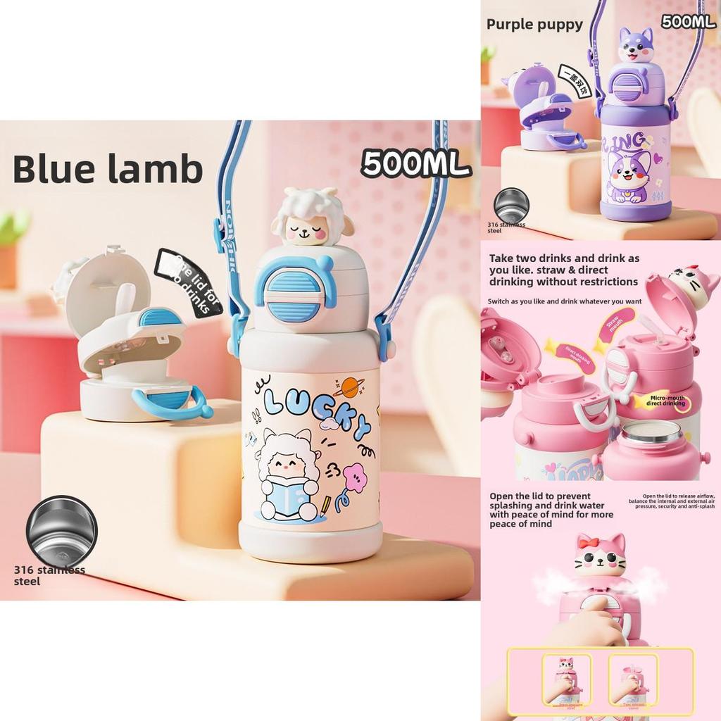 Childrens Insulated Water Bottle With Straw And Carry Strap For School And Travel