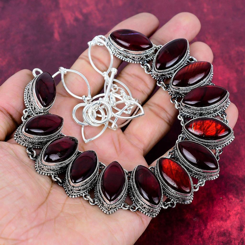 Red Flash Labradorite Necklace, 925 Solid Sterling Silver Jewelry, Gemstone Jewelry Adjustable Chain Necklace, Handmade Wedding Gift Jewelry