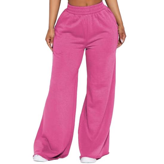 Women Casual Pants Solid Color Wide Leg Trousers with Pockets Elastic High Waist Hip Hop Style Long Pants