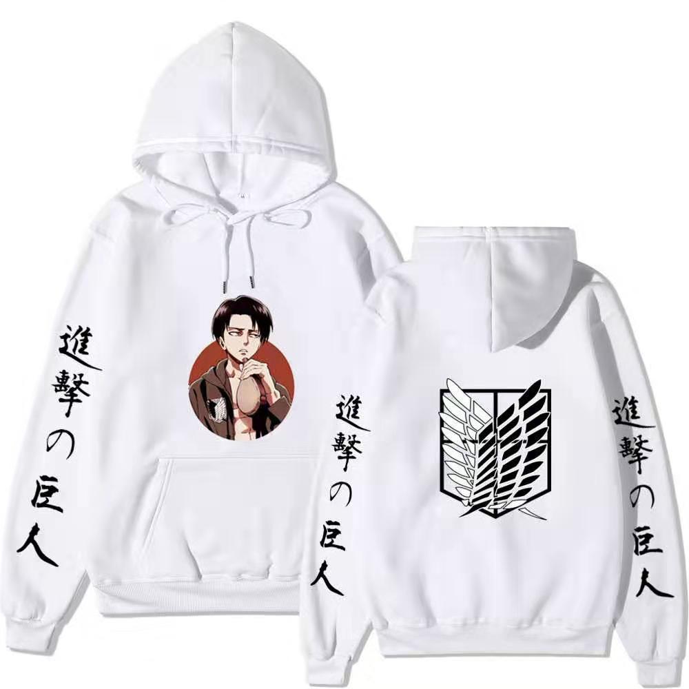 Attack On Titan Levi Ackerman Hoodie Unisex Fleece Sweatshirt, Front Character Print, Back Wings Logo, Japanese Sleeve Text, Autumn Winter Pullover