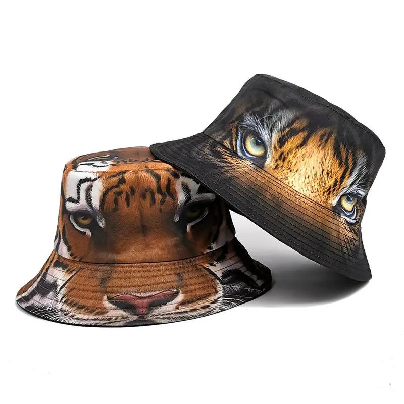 Spring and Summer Polyester Cartoon Tiger Print Bucket Hat Fisherman Hat Outdoor Travel Sun Cap For Men And Women 17