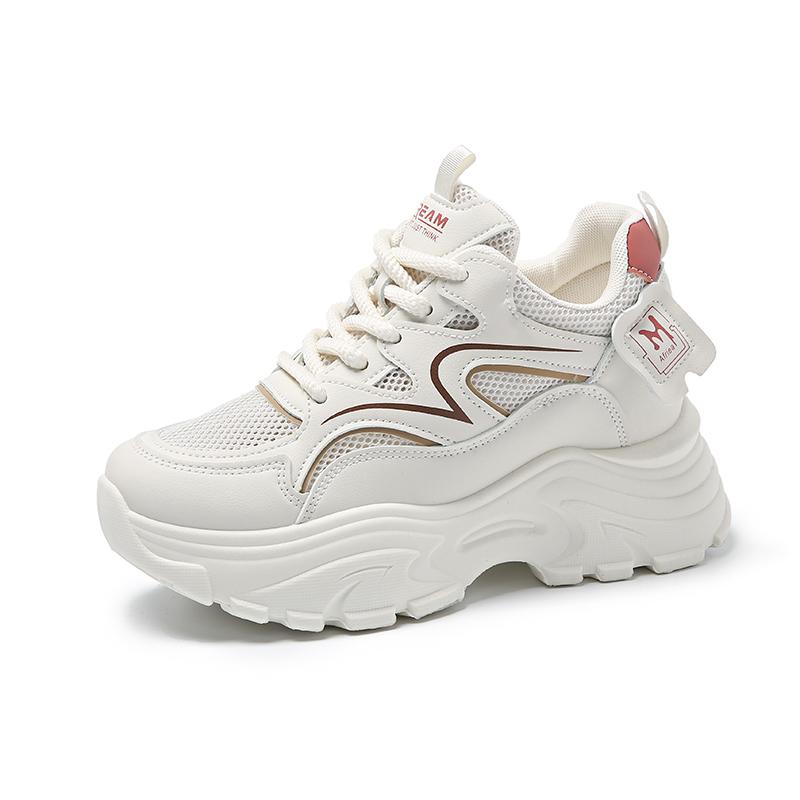 

Белые женские кроссовки на платформе 2024 года, весна, шнуровка, толстая подошва, вулканизированная обувь, женская сетчатая дышащая спортивная женская обувь 40 бежевый