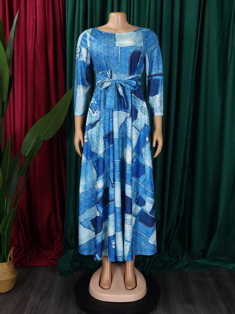 Women's 2024 Spring Lace-up Print African Plus Size Midi Dress