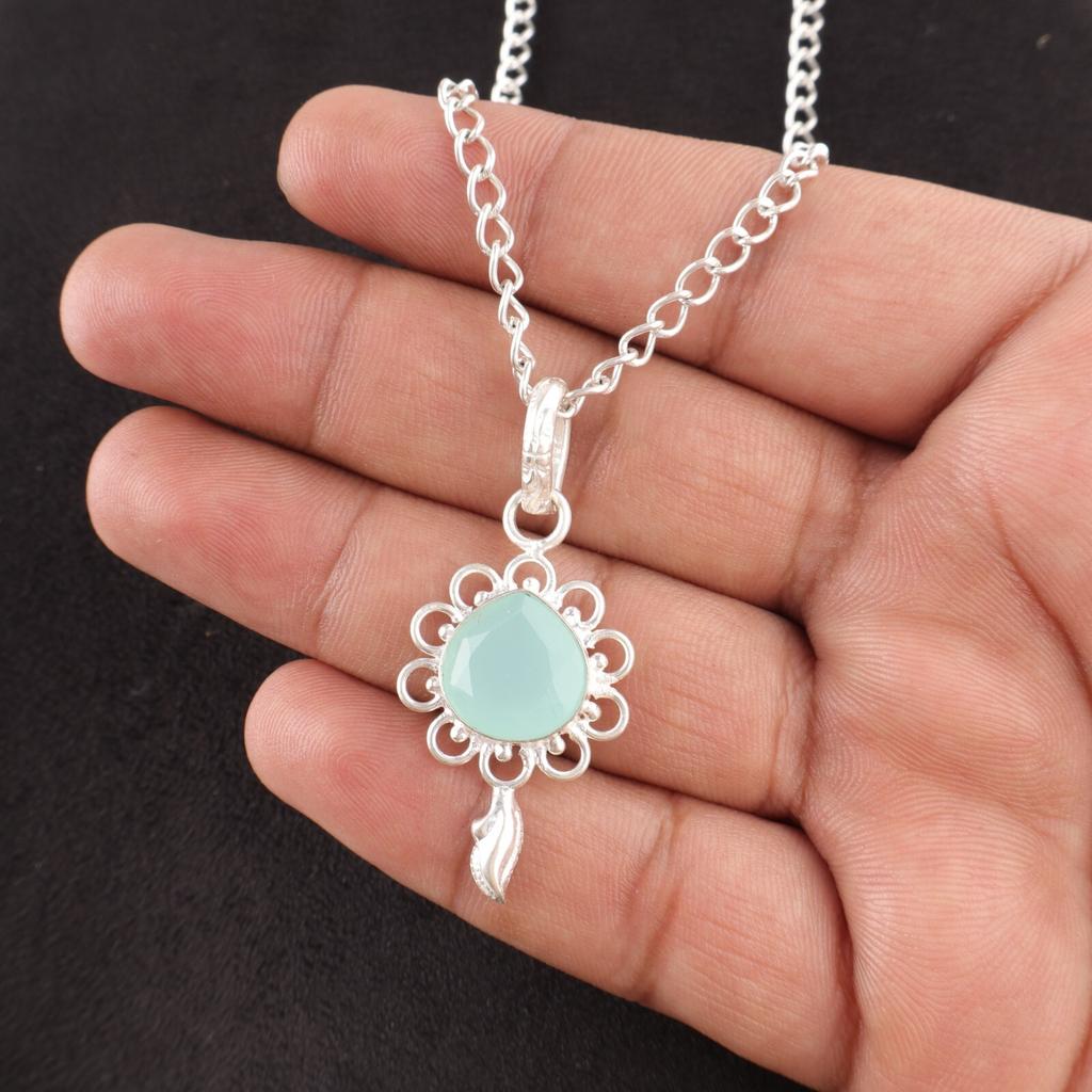 Throat Chakra Aqua Chalcedony Stone 925 Sterling Silver Ethnic Wedding Pendant PP-4-15