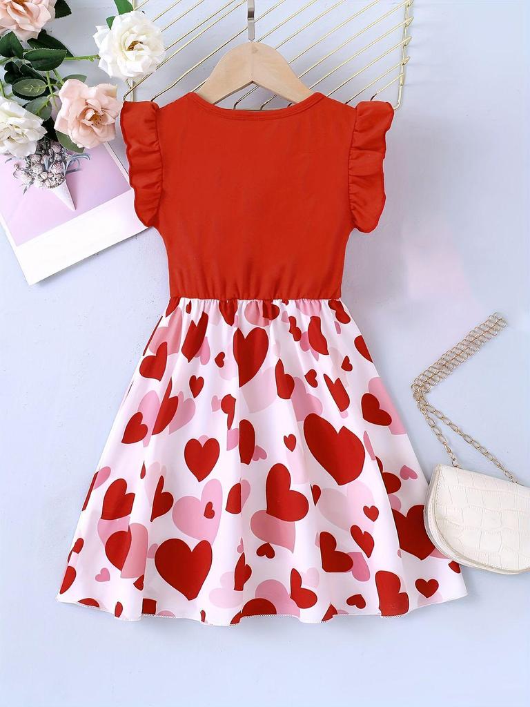 European & American Style Girls' Short Sleeve Heart Print Knitted Dress