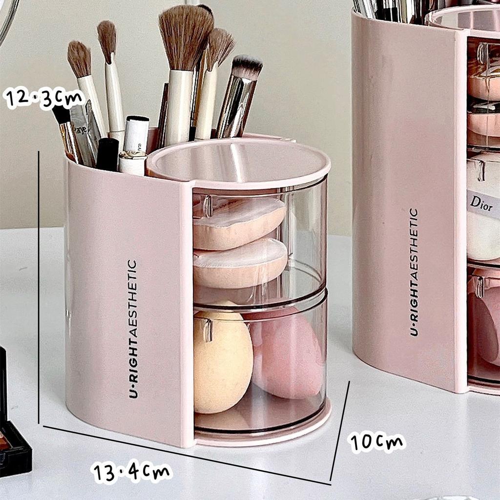 Rotating Dustproof Storage Box for Desk - Vanity Organizer Container for Beauty Sponges, Air Cushions,Lipsticks & Makeup Brushes