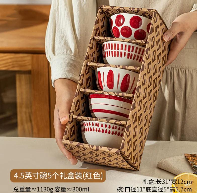 4.5 inch Japanese ceramic bowl, kitchen utensils, soup bowl, printed pattern gift box, 5 pieces ceramic bowl bowl set ramen bowl