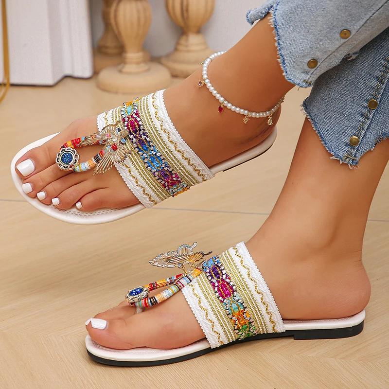 Fashion Bohemian Flat Slippers for Women Bow Metal Decor Fabric Low Heel Flip Flops Woman Plus Size Mixed Color Clip Toe Slides Mujer