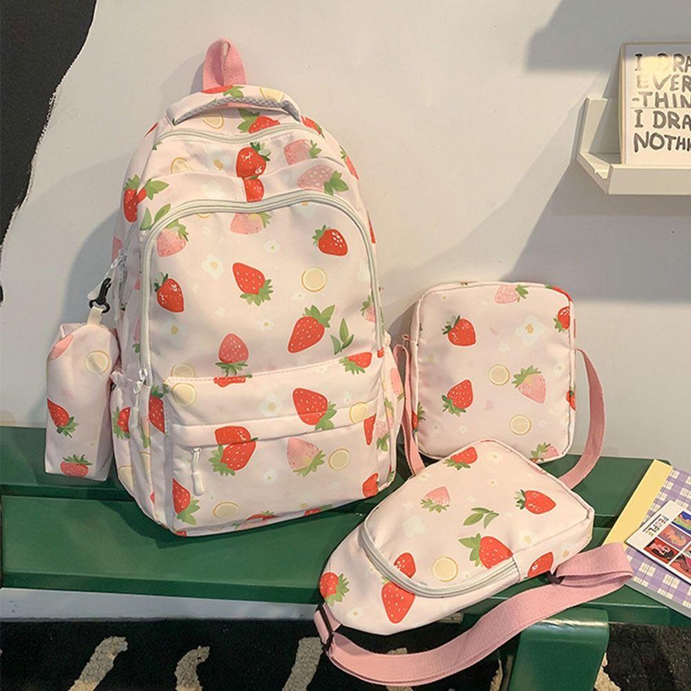 4Pcs/Set Cute Strawberry Print Backpack Large Capacity Nylon School Bag Shoulder Bag Studeng