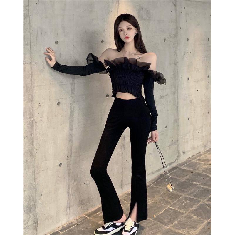 Dámská halenka s dlouhým rukávem a lemováním, černá, s lomeným výstřihem, motýlími rukávy, gázovým volánem, záhybem, elastickým pasem, štíhlým oříznutým topem s dlouhým rukávem, Hotsweet