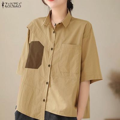 Women Casual Turn Down Collar Loose Half Sleeve Blouse
