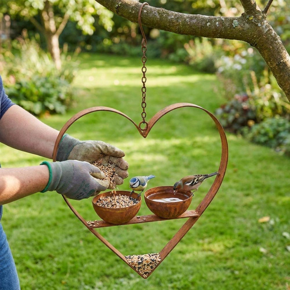 Large Capacity Heart Shape Bird Feeder Double Bowl Bird Water Drinker  Outdoor Use